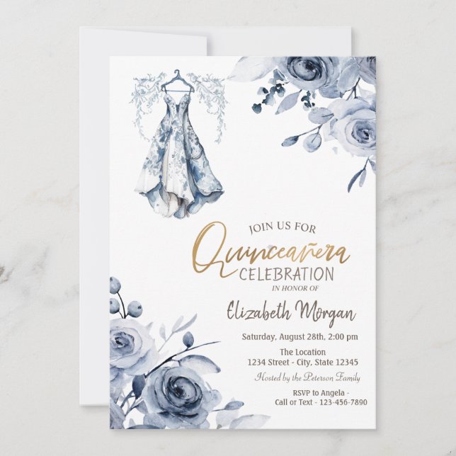 Ljusblå klänning Blå rosor Quinceañera   Inbjudningar (Framsida)