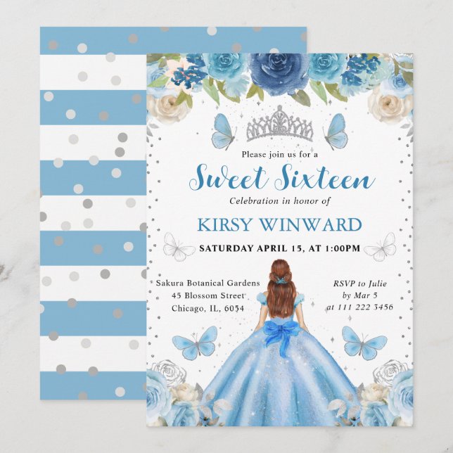 Ljusblå klänning Rödhårig prinsessa Sweet 16 Inbjudningar (Fram/baksida)