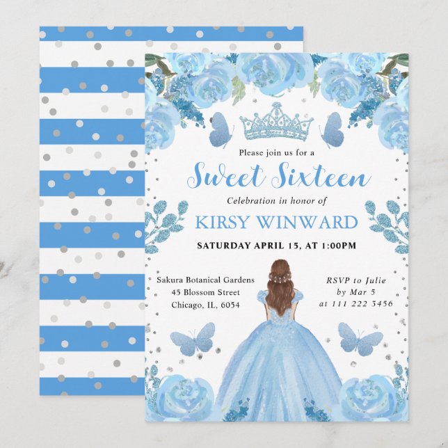 Ljusblå Klänning Rött Hår Prinsessa Sweet 16 Inbjudningar (Fram/baksida)