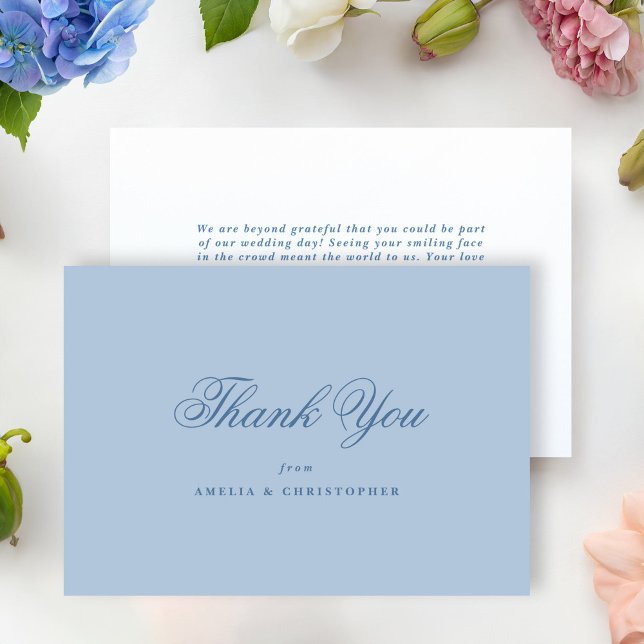 Ljusblå Klassisk Bröllop Tack Kort (periwinkle blue classic wedding thank you card with old style script)