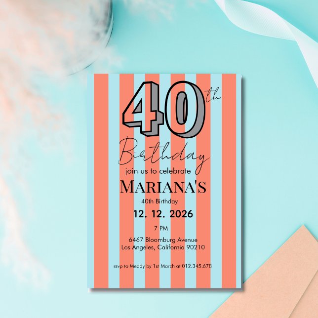 Ljusblå & Korallrandig Modern 40-årsfest  Inbjudningar (Skapare uppladdad)