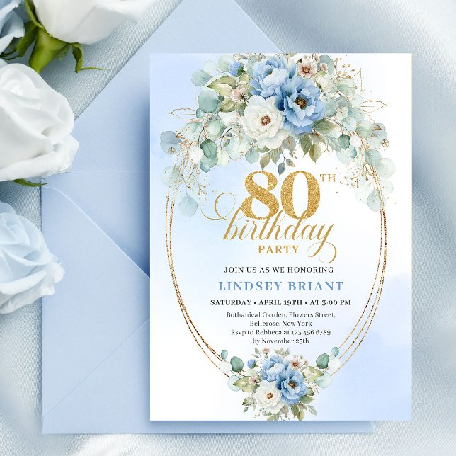 Ljusblå Krysantemum Blommor Guld Ram 80-årsdag Inbjudningar (Light Blue Peony Flowers Gold Frame 80th Birthday)