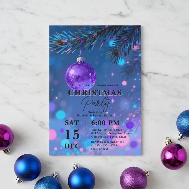 Ljusblå Lila Prydnadsbollar Bokeh Julfest Inbjudningar (Skapare uppladdad)