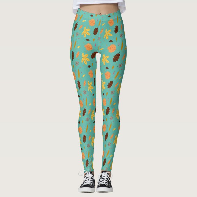 Ljusblå lövtryckta Leggings | Damstil (Framsida)