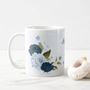 ljusblå marinblå blommor kaffemugg