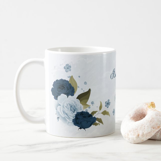 ljusblå marinblå blommor  kaffemugg (Med munk)