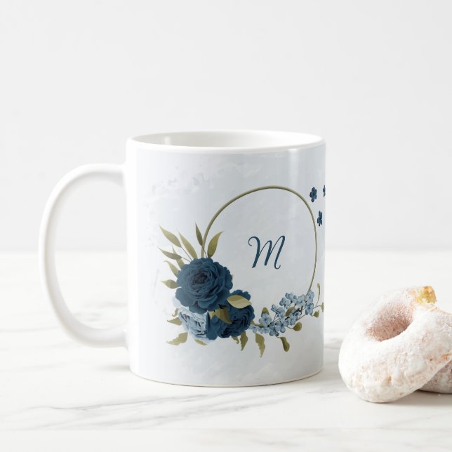 ljusblå marinblå blommor  kaffemugg (Med munk)