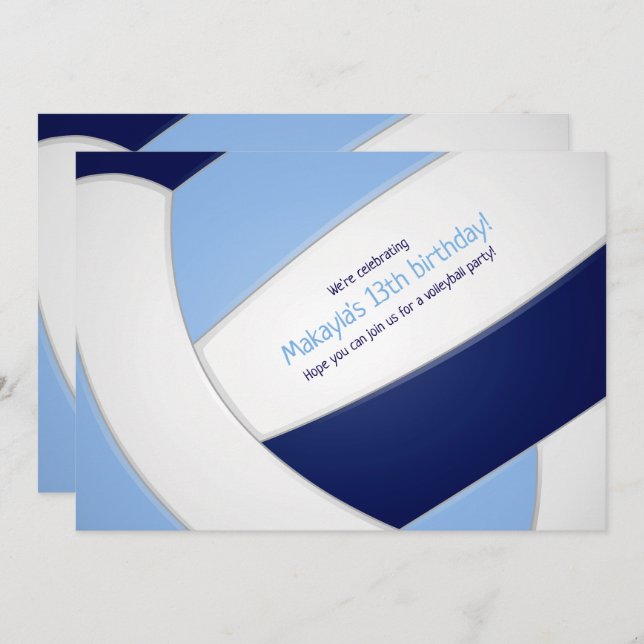 Ljusblå marinens volleyball-flickas födelsedag inbjudningar (Fram/baksida)