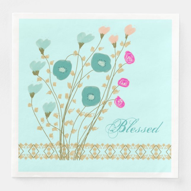 Ljusblå med Blommigt Art-Pappersservett Pappersservett (Framsida)