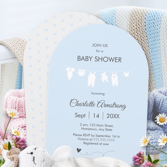 Ljusblå minimalistisk välvd babyboy-babyshower inbjudningar (Light Blue Minimalist Arched Baby Boy Shower Invitation ©Susanne Sachers - Sunny Mind 🌞)