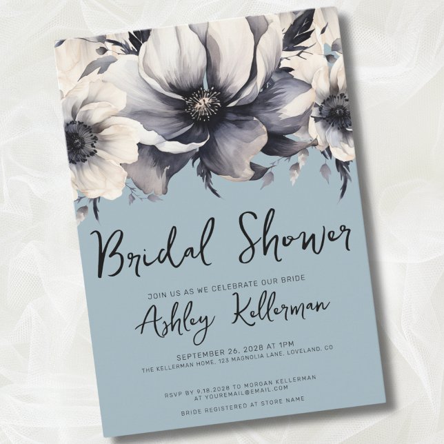 Ljusblå Möhippa Inbjudningar (Elegant Watercolor Floral Light Blue Bridal Shower Invitation)
