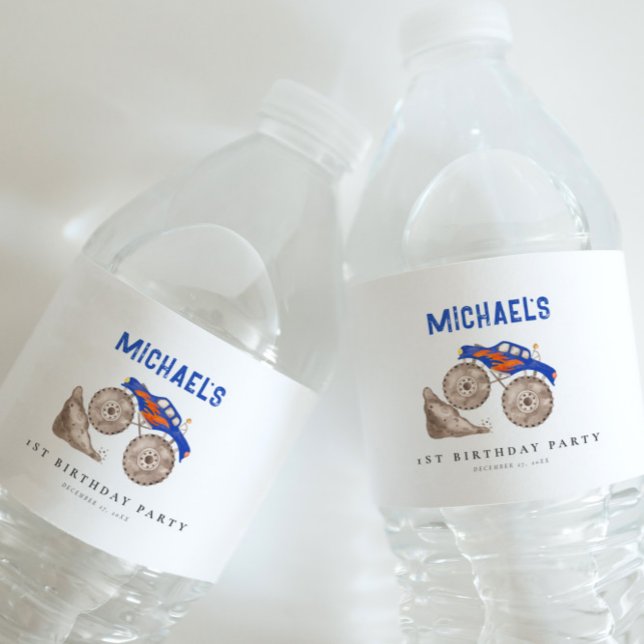 Ljusblå Monster Truck Pappersserviett Vattenflaskor Etikett (Skapare uppladdad)