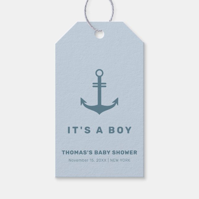 Ljusblå Nautical Anchor Baby Shower för Elegant Presentetikett (Framsidan)