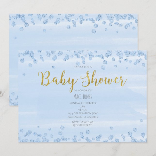 Ljusblå och guld baby shower-inbjudningar inbjudningar (Fram/baksida)