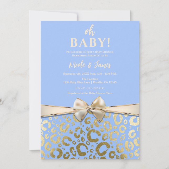 Ljusblå och guld glitter leopardtryck baby shower inbjudningar (Framsida)