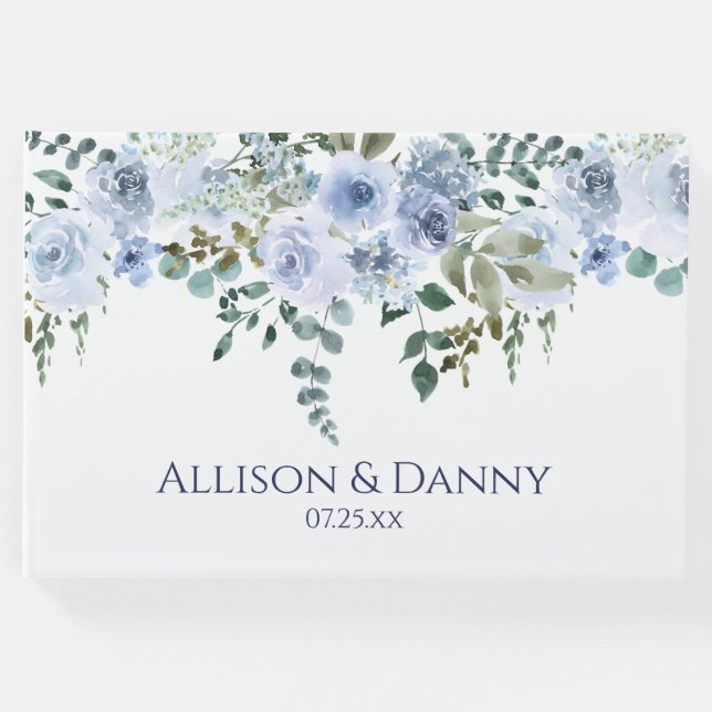Ljusblå och marin vattenfärg, Blommigt Bröllop Gästböcker (Framsida)