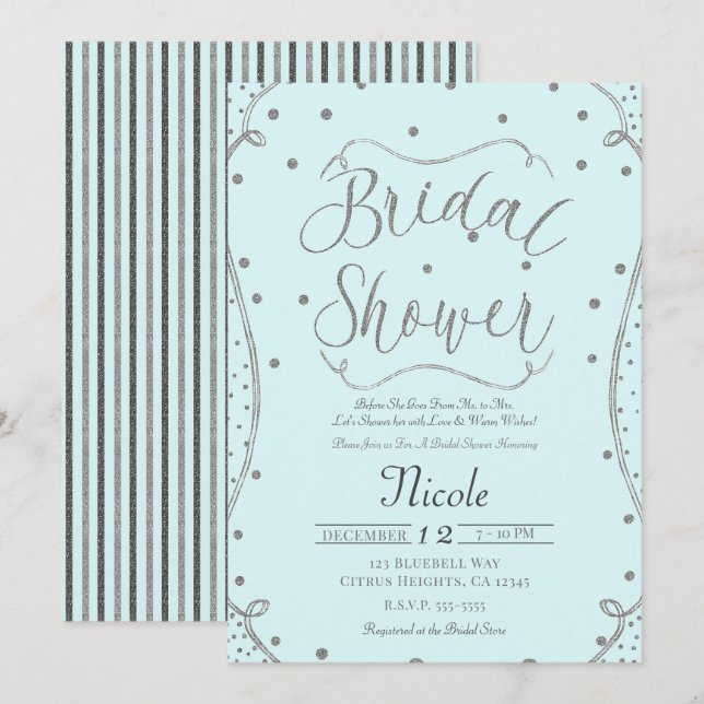 Ljusblå och silver Bröllopsdusch Inbjudningar (Fram/baksida)