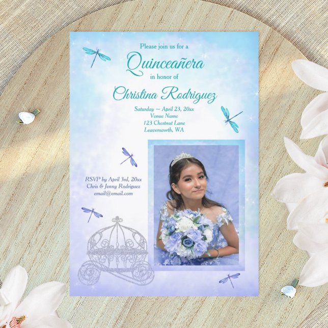Ljusblå och turkos, vagn Quinceañera Inbjudningar (dusty blue turquoise quinceanera invitations)