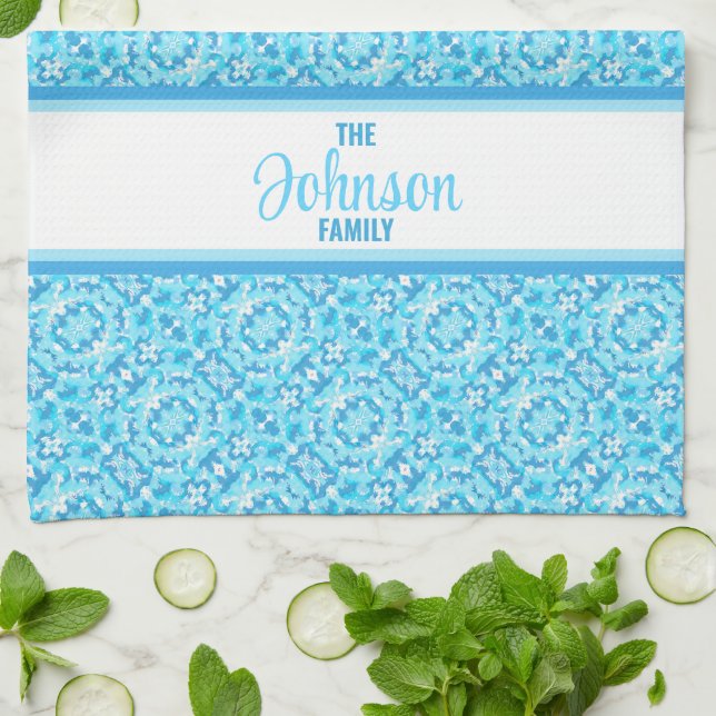 Ljusblå och vit Abstrakt med namn Kökshandduk (Vikta)