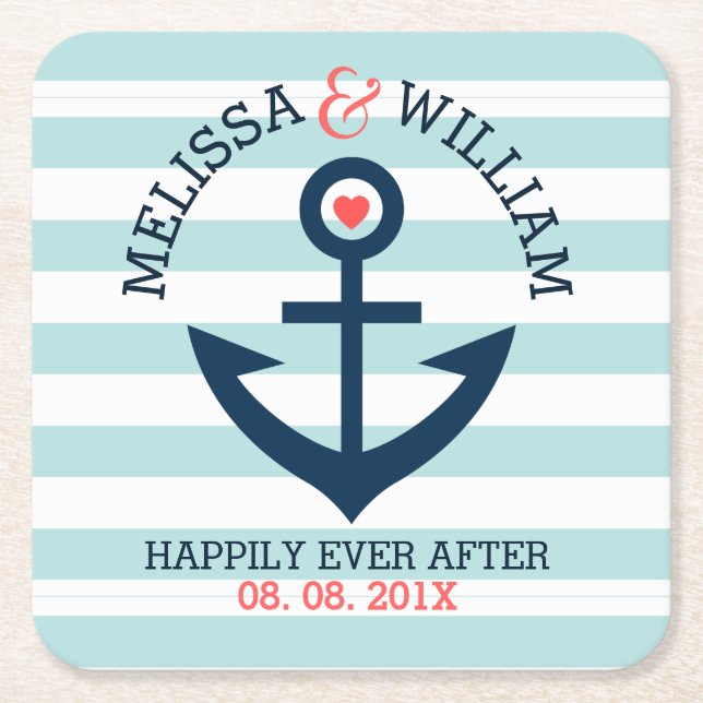 Ljusblå och vit Rand, marin-blå Boat-ankare Underlägg Papper Kvadrat (Framsidan)