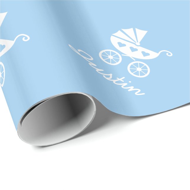 Ljusblå presentpapper med söt barnvagn (Rullad Hörn)