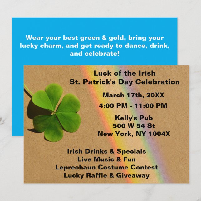 Ljusblå regnbåge St. Patrick's Day-inbjudan Inbjudningar (Fram/baksida)