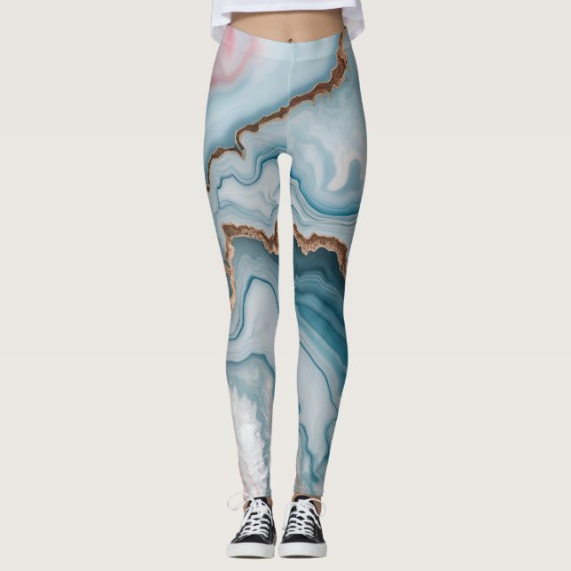 Ljusblå Rosa Guld Agate Marble Modern Design Leggings (Framsida)