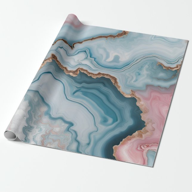 Ljusblå Rosa Guld Agate Marble Modern Design Presentpapper (Utrullad)