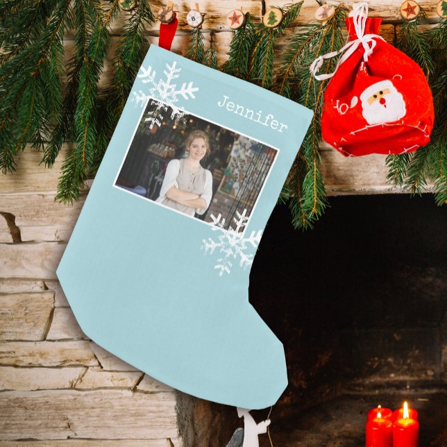 Ljusblå Rustik Snöflinga Anpassad Foto  Liten Julstrumpa (Distressed Rustic Snowflake design that can be personalized with a  photo and name monogram.)