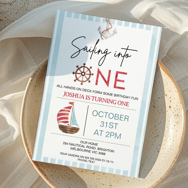 Ljusblå segelbåt seglar in i en första födelsedag inbjudningar (Light Blue and Red Sailing into One First Birthday Invitation Nautical Sailing into One 1st Birthday)