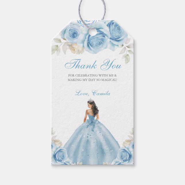 Ljusblå & Silver Blommig Prinsessa Quinceañera Presentetikett (Framsidan)