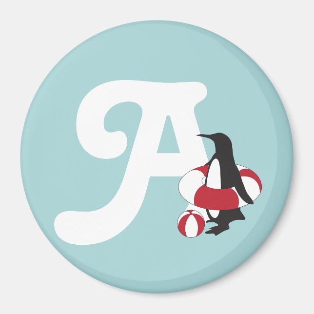 Ljusblå söt pingvin som simmar barns monogram magnet (Framsidan)