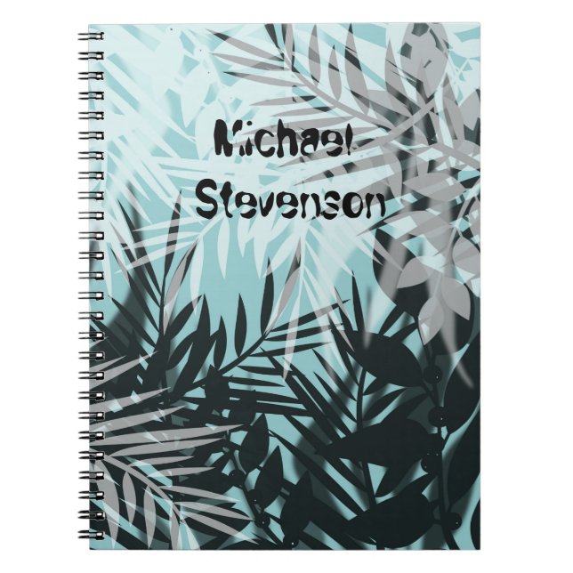 Ljusblå svart tropiska mönster anteckningsbok (Framsidan)