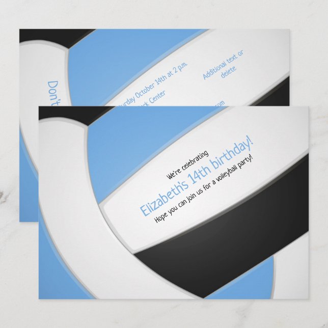 Ljusblå svart volleyball-flickors födelsedag inbjudningar (Fram/baksida)