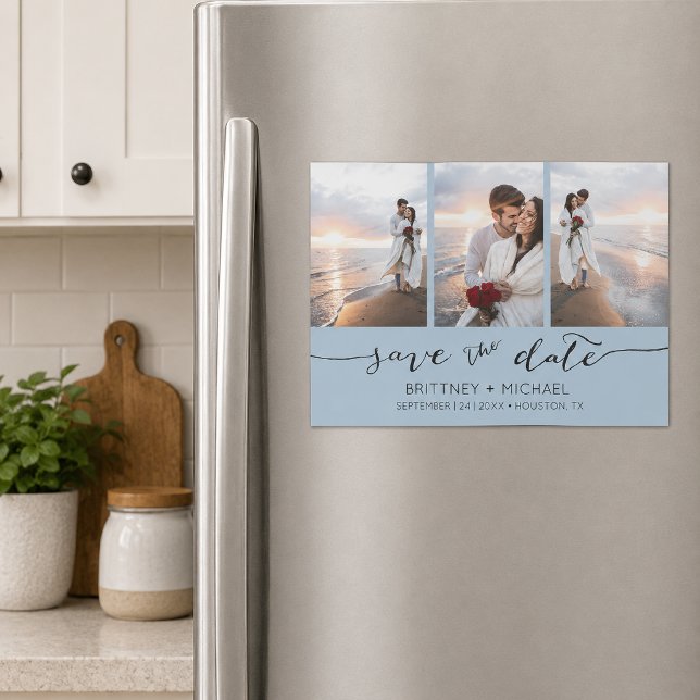 Ljusblå Tre Foto Spara Datum (Soft light blue three photo collage save the date magnet featuring elegant handwritten script )