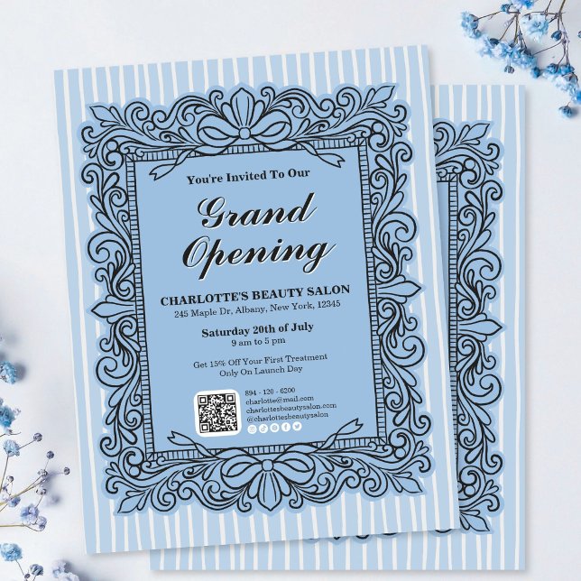 Ljusblå utsmyckad bågrambrosch för storsläpp reklamblad (Light Blue Ornate Bow Frame Grand Opening Flyer)