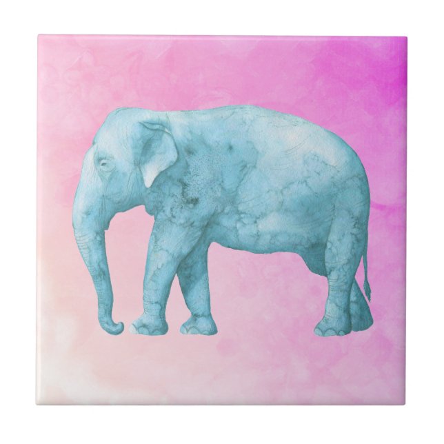 Ljusblå vattenfärg Elephant på Rosans bakgrund Kakelplatta (Framsidan)