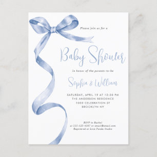 Ljusblå vattenfärgsruta Bow Ribbon Boy Shower Vykort