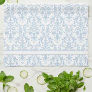 Ljusblå vit Blommigt Swirls Damask 2 Monogram Kökshandduk
