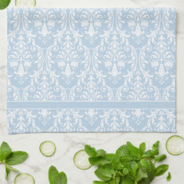 Ljusblå vit Blommigt Swirls Damask 4 Monogram Kökshandduk