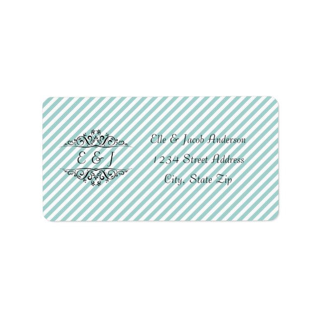 Ljusblå vita randiga flourish - adressetiketter (Framsidan)