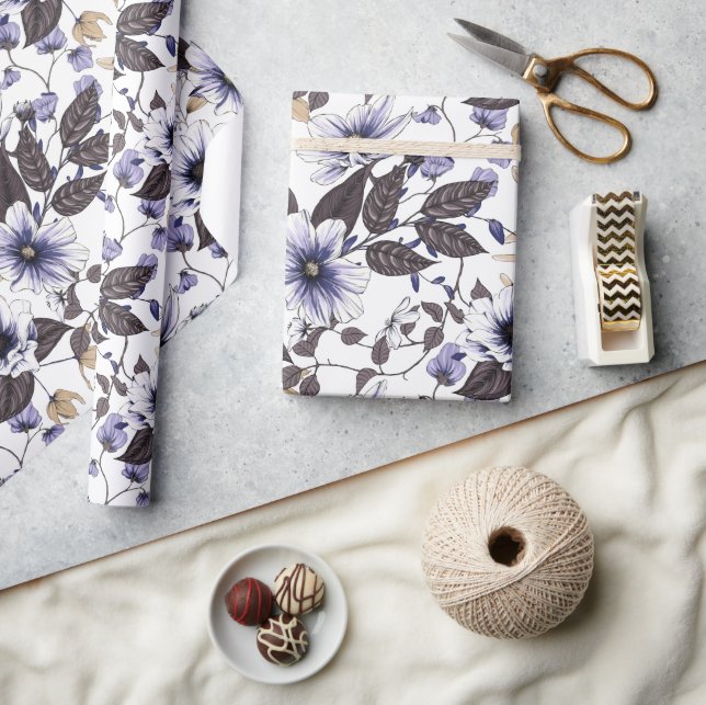 Ljusblåröda blommor, sömlösa mönster presentpapper (Hantverk)