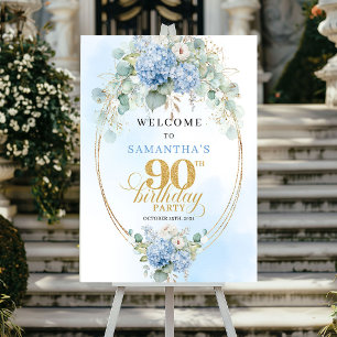 Ljusblått akvarellblommigt 90-års välkomsttecken poster