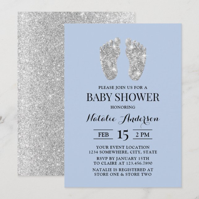 Ljusblått babyskor för Baby i Silver Glitter Inbjudningar (Fram/baksida)