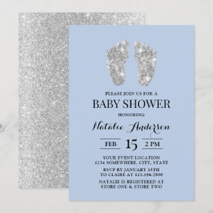 Ljusblått babyskor för Baby i Silver Glitter Inbjudningar