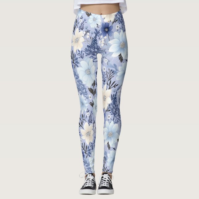 Ljusblått Blommönster Leggings (Framsida)