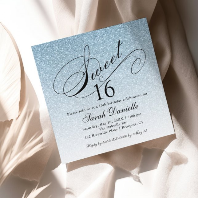 Ljusblått Glam Glitter Sweet 16 Square Inbjudningar (Skapare uppladdad)