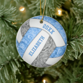 Ljusblått grått, vit, sportig volleyball julgransprydnad keramik
