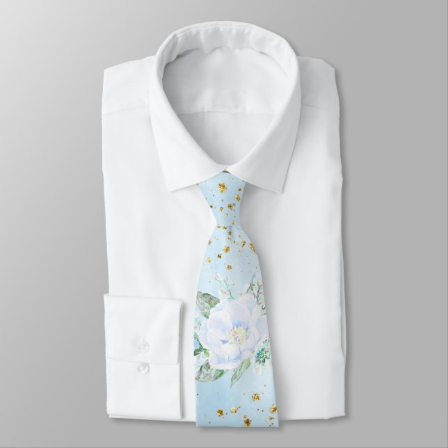 Ljusblått Guld-Blommigt Groom bröllop Neck Tie Slips (Bunden)
