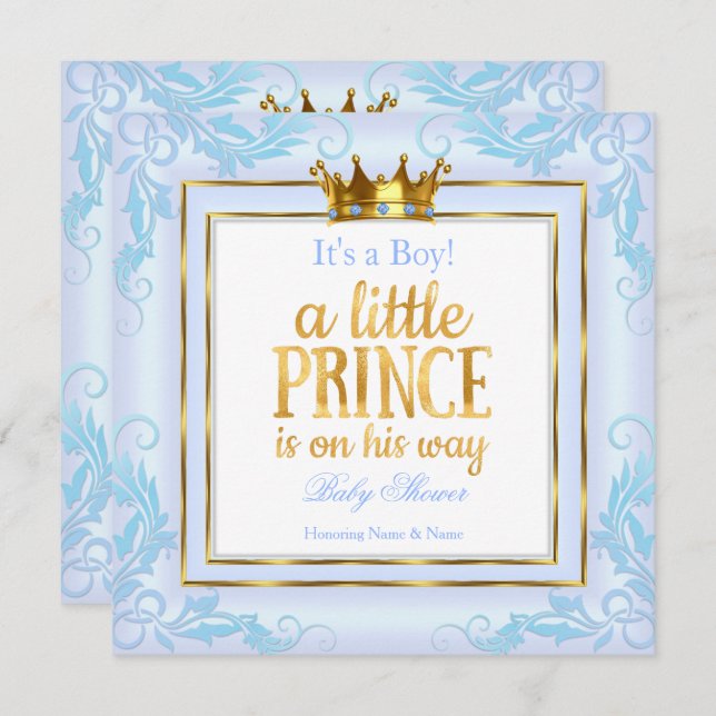 Ljusblått Guld Krona Prince Baby Shower Boy Boy Inbjudningar (Fram/baksida)